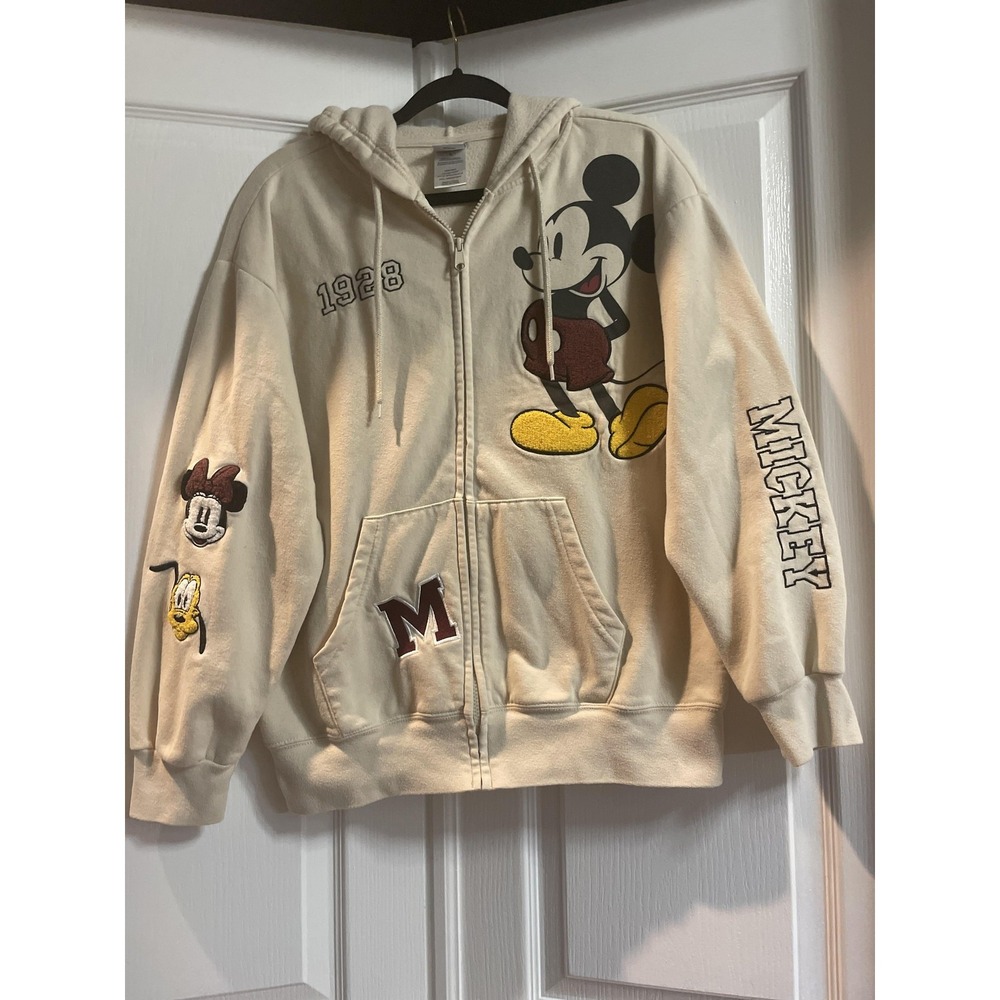 Disney Mickey Mouse Hoodie Mens Large Ivory Zip Chenille Patch 1928 MYSJUG2-4L16